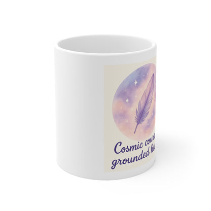 Cosmic Courage Feather Mug — 'Cosmic courage, grounded heart' Ceramic Coffee Cup