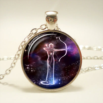 Zodiac Time Gemstone Glass Pendant Necklace