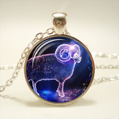 Zodiac Time Gemstone Glass Pendant Necklace