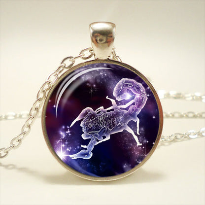 Zodiac Time Gemstone Glass Pendant Necklace