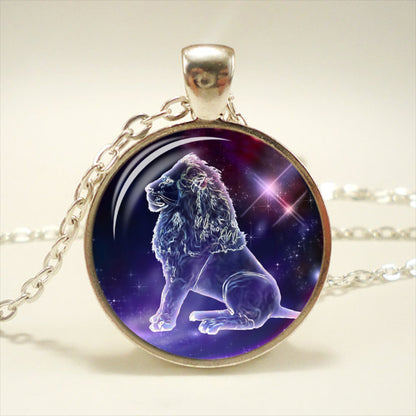 Zodiac Time Gemstone Glass Pendant Necklace