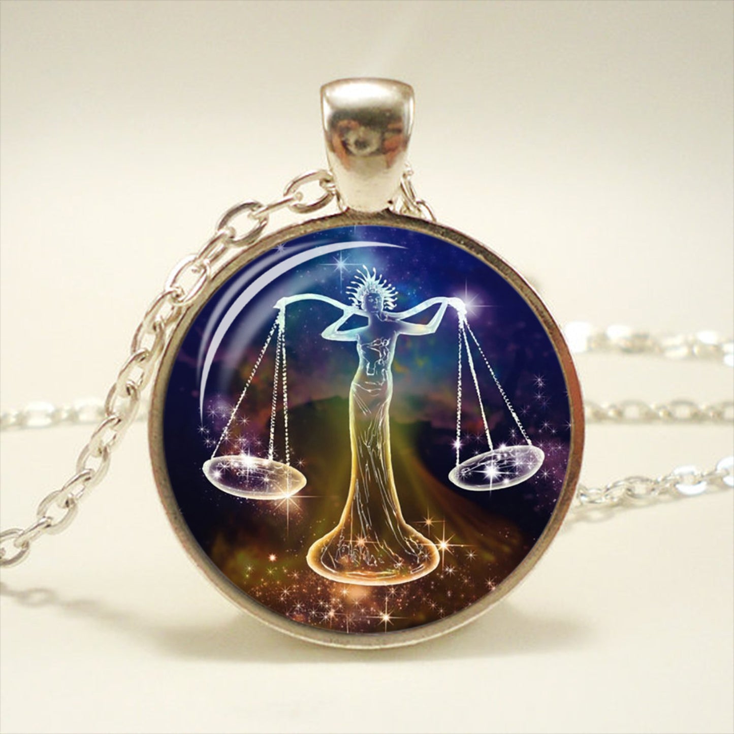 Zodiac Time Gemstone Glass Pendant Necklace