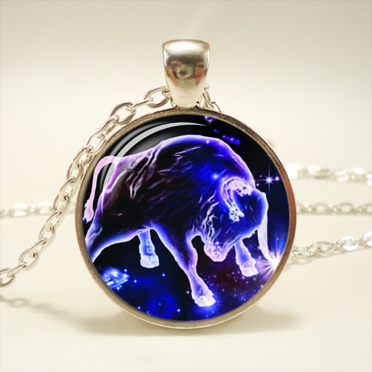 Zodiac Time Gemstone Glass Pendant Necklace