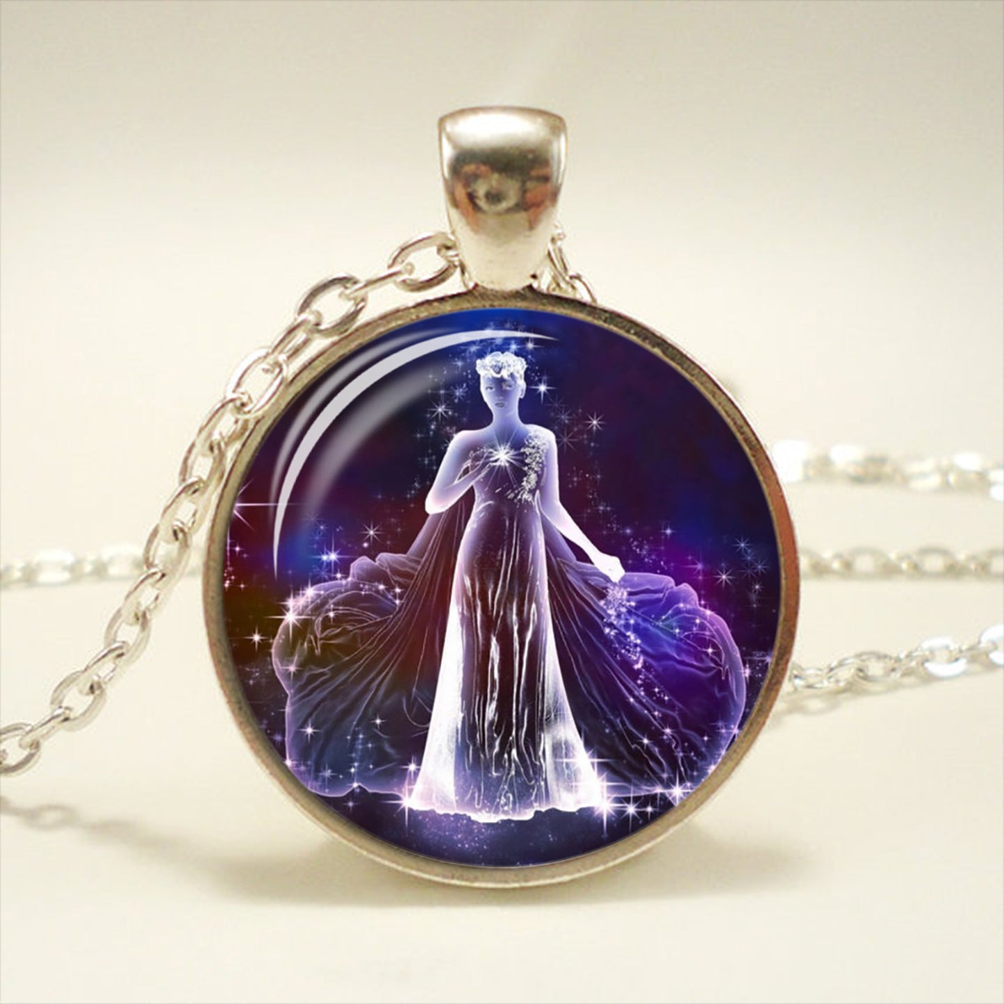 Zodiac Time Gemstone Glass Pendant Necklace