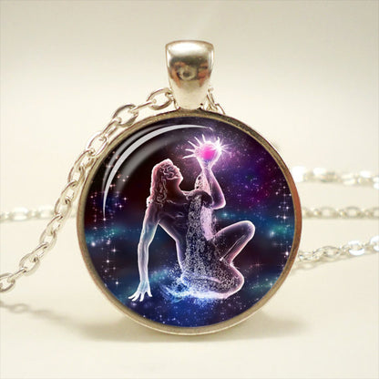 Zodiac Time Gemstone Glass Pendant Necklace