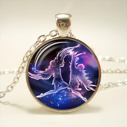 Zodiac Time Gemstone Glass Pendant Necklace