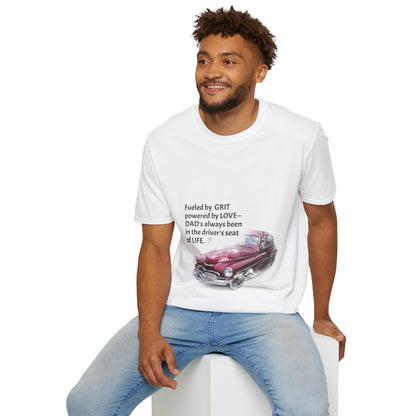 A dad wearing a appreciation quote white t-shirt with a graphic and text, sitting on a white stool against a white background.