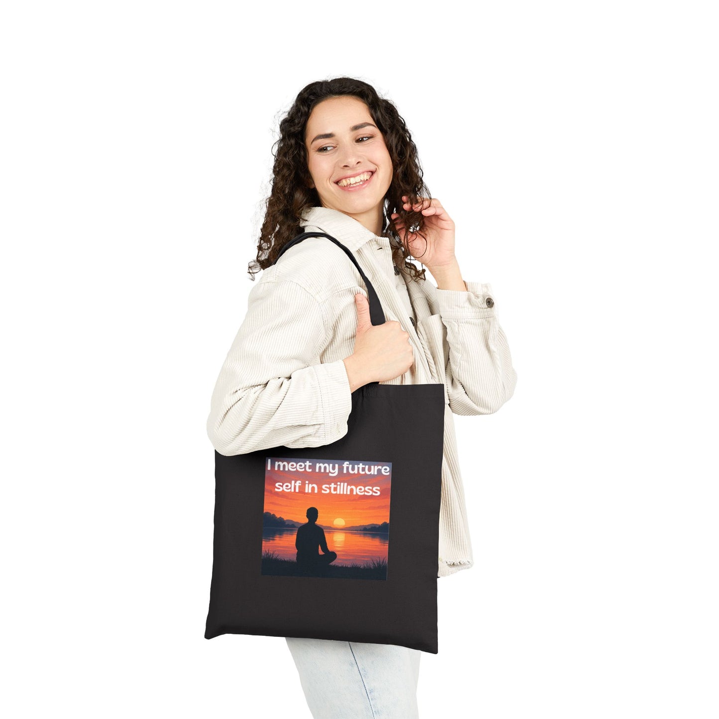 "I Meet My Future Self in Stillness" — Sunset Meditation Canvas Tote Bag