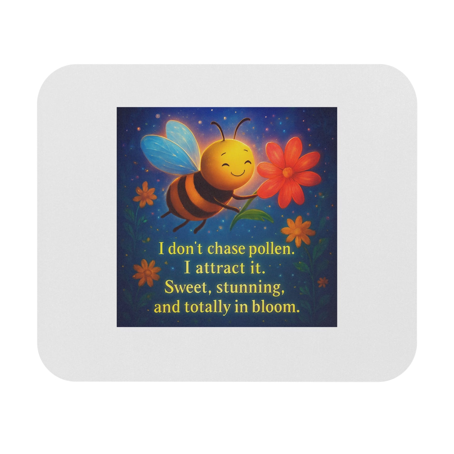 Affirmation Mouse Pad — "I don't chase pollen. I attract it." — Quietly Growing, Steadily You