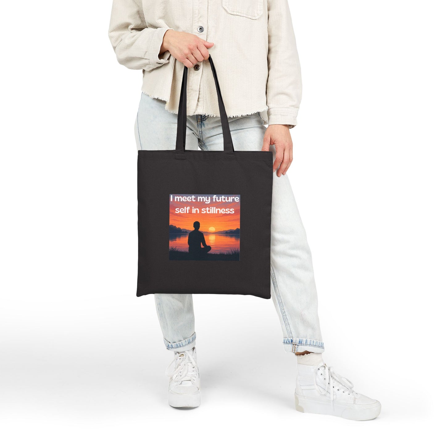 "I Meet My Future Self in Stillness" — Sunset Meditation Canvas Tote Bag