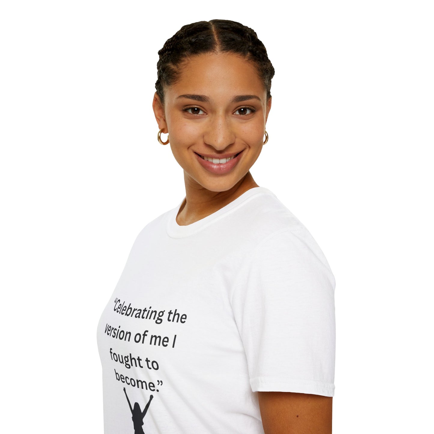 "Celebrating The Version of Me" — Empowered Woman Unisex Softstyle Tee (Black Print)