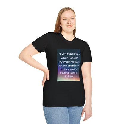 Person wearing a black t-shirt with a motivational quote on a white background