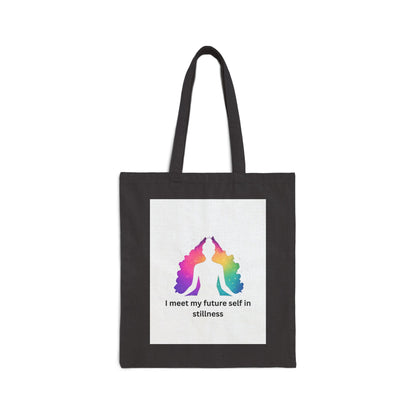 "I Meet My Future Self in Stillness" — Rainbow Meditation Canvas Tote Bag