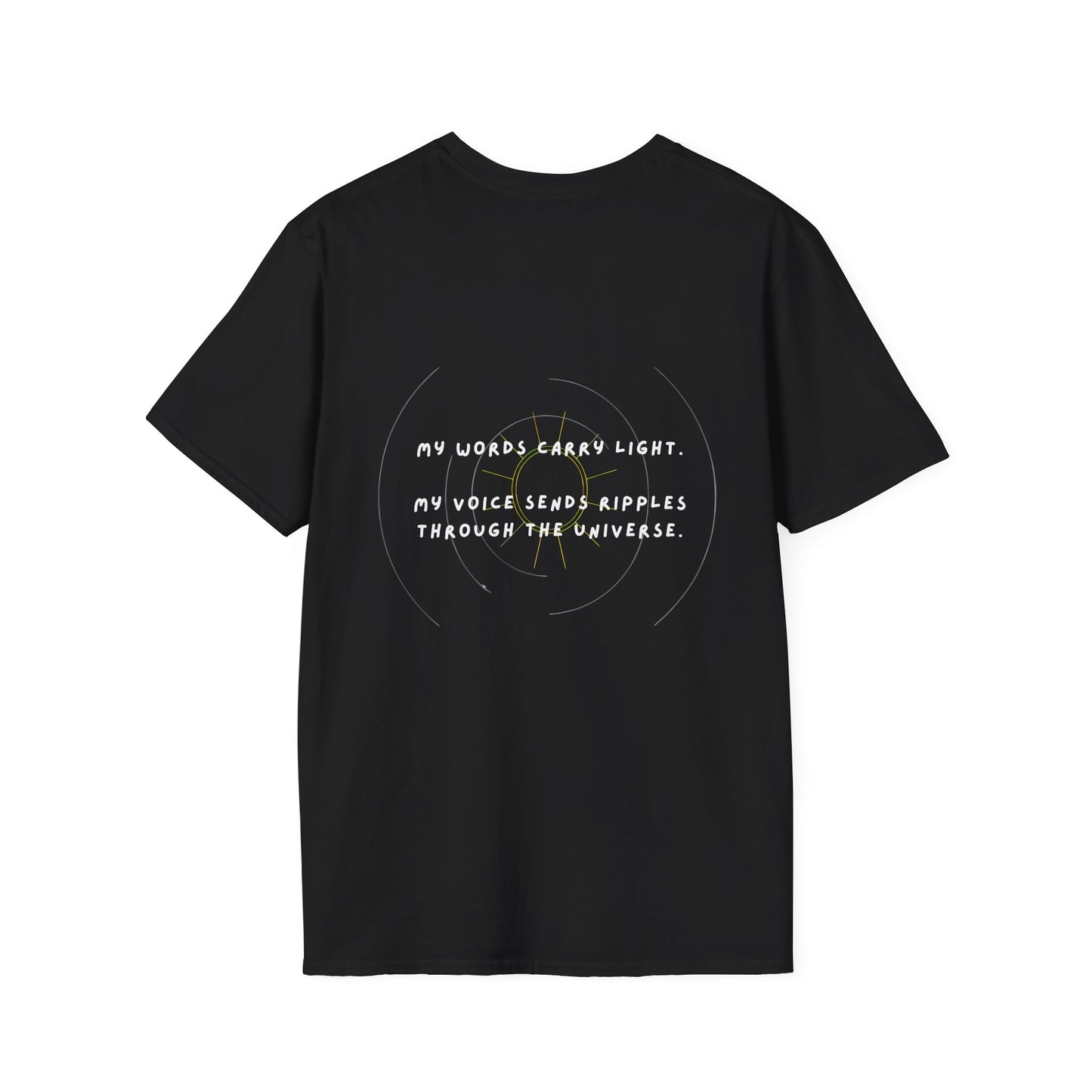 Black t-shirt with text design on a white background