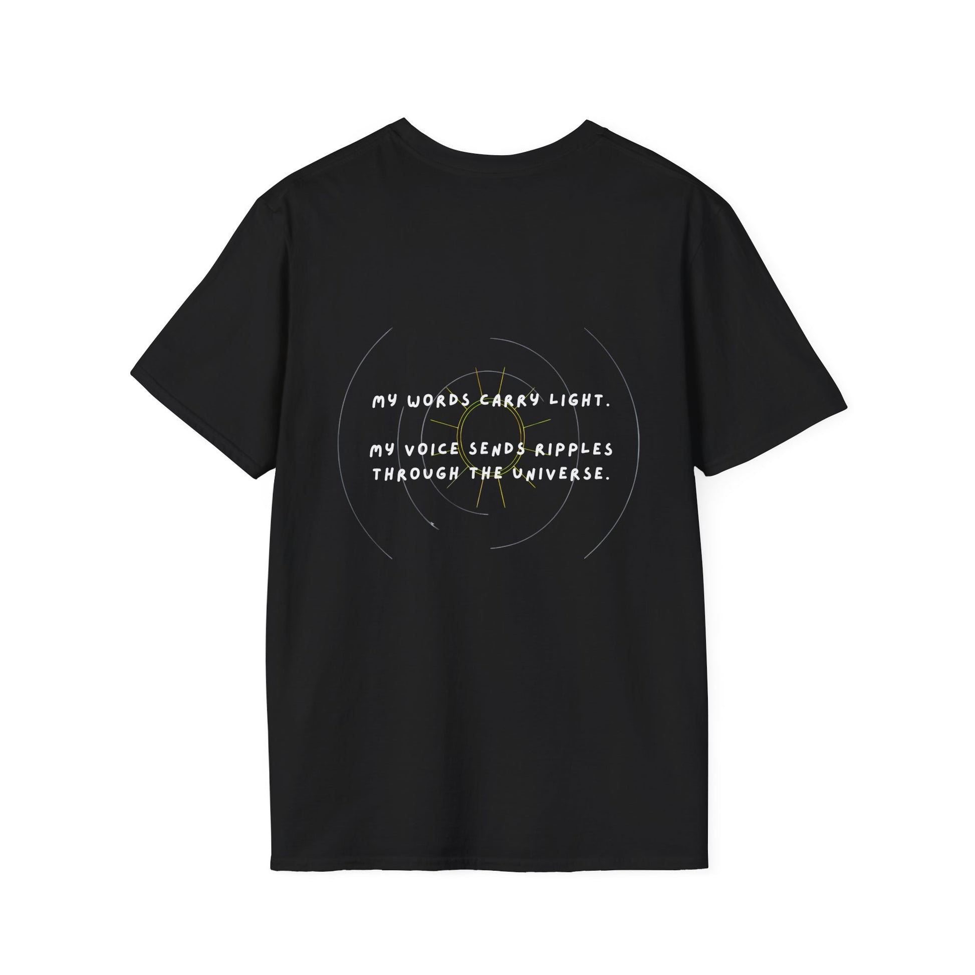 Black t-shirt with text design on a white background