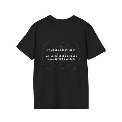 Black t-shirt with text design on a white background