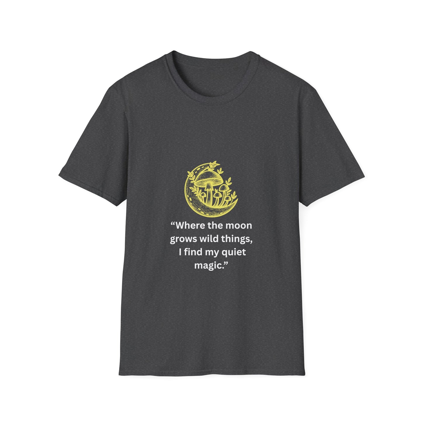 "Where the Moon Grows Wild Things" — Unisex Softstyle Tee (Yellow-White Print)