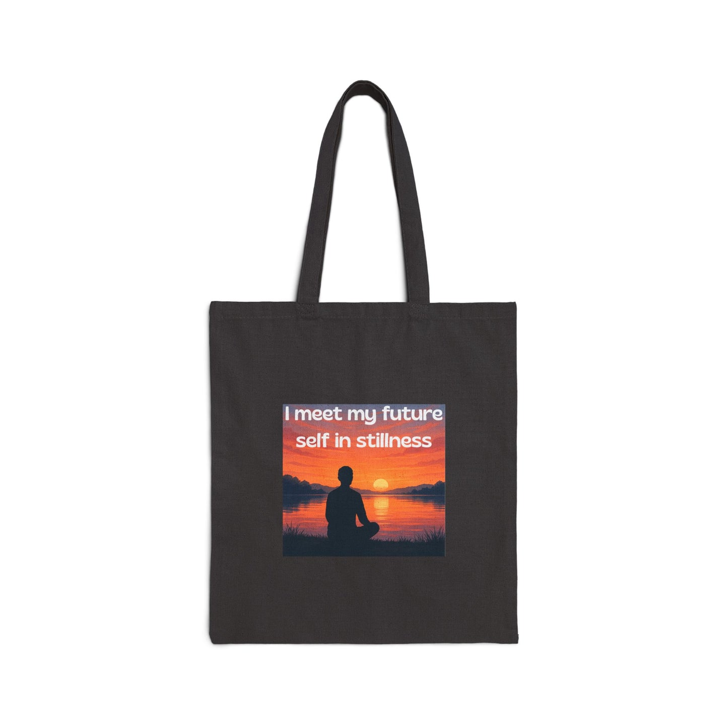 "I Meet My Future Self in Stillness" — Sunset Meditation Canvas Tote Bag