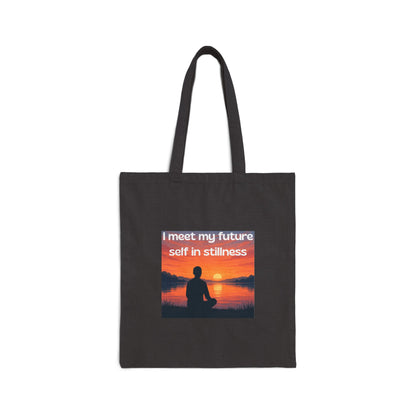 "I Meet My Future Self in Stillness" — Sunset Meditation Canvas Tote Bag