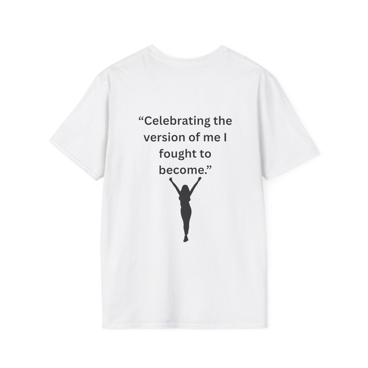 "Celebrating The Version of Me" — Empowered Woman Unisex Softstyle Tee (Black Print)