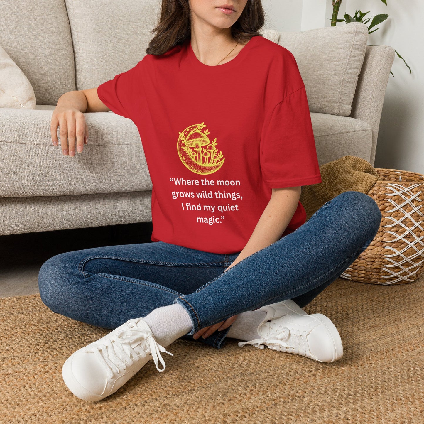 "Where the Moon Grows Wild Things" — Unisex Softstyle Tee (Yellow-White Print)