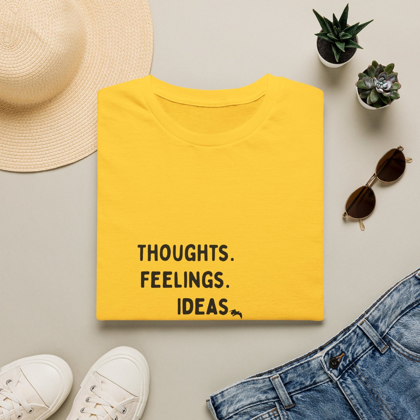 "Thoughts. Feelings. Ideas." — Unisex Softstyle T‑Shirt (Black Print)