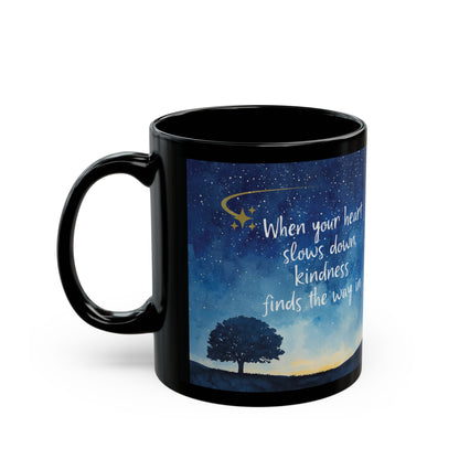 Inspirational Galaxy Quote Black Coffee Mug — 'Open Your Heart' Night Sky Design (11oz)
