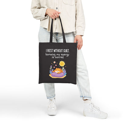I Rest Without Guilt Black Tote Bag for Sacred Energy and Self Care