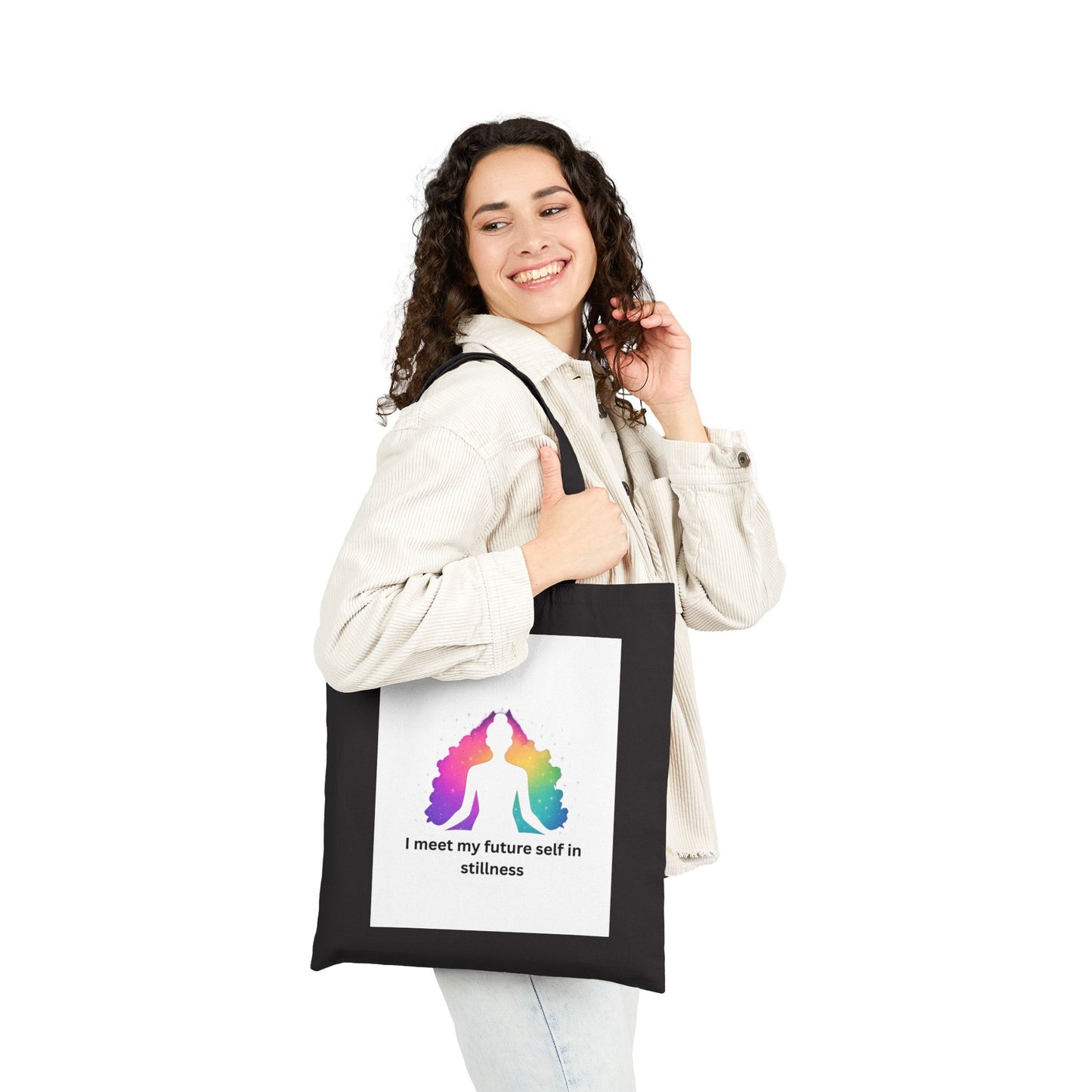 "I Meet My Future Self in Stillness" — Rainbow Meditation Canvas Tote Bag