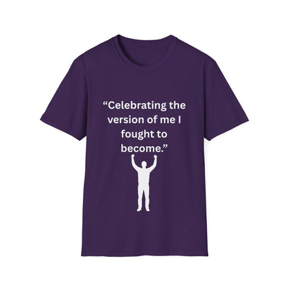 "Celebrating The Version of Me" — Empowered Man Unisex Softstyle Tee (White Print)