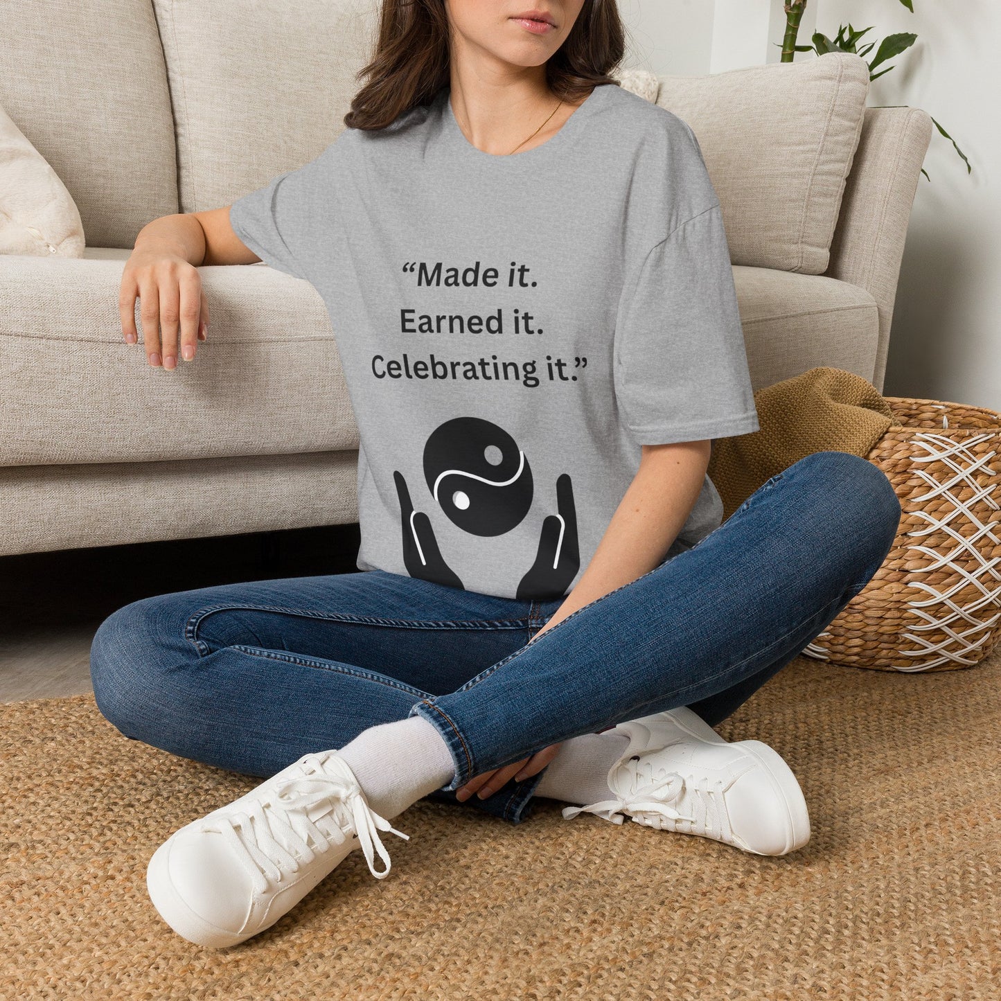 "Made It. Earned It. Celebrating It." — Inspirational Unisex Tee (Black Print)