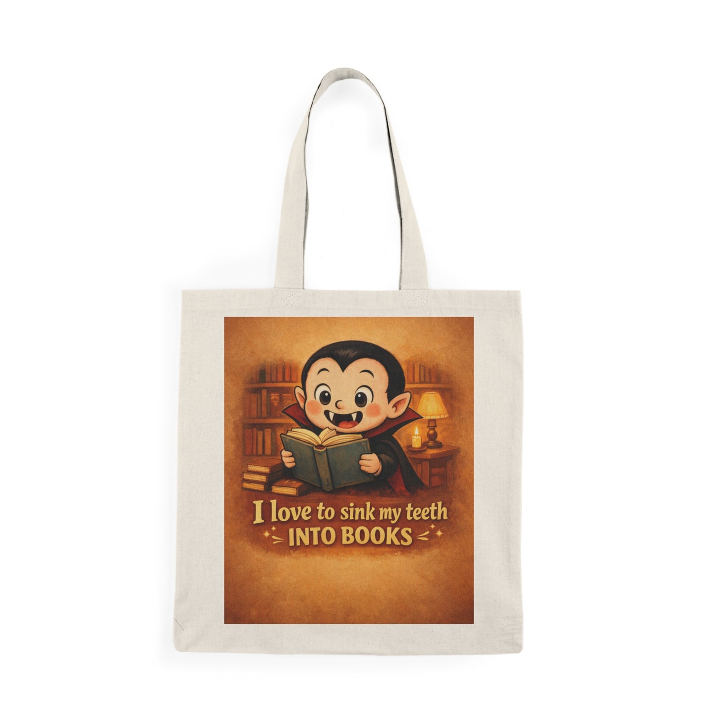 “I Love to Sink My Teeth Into Books” Cotton Book Tote