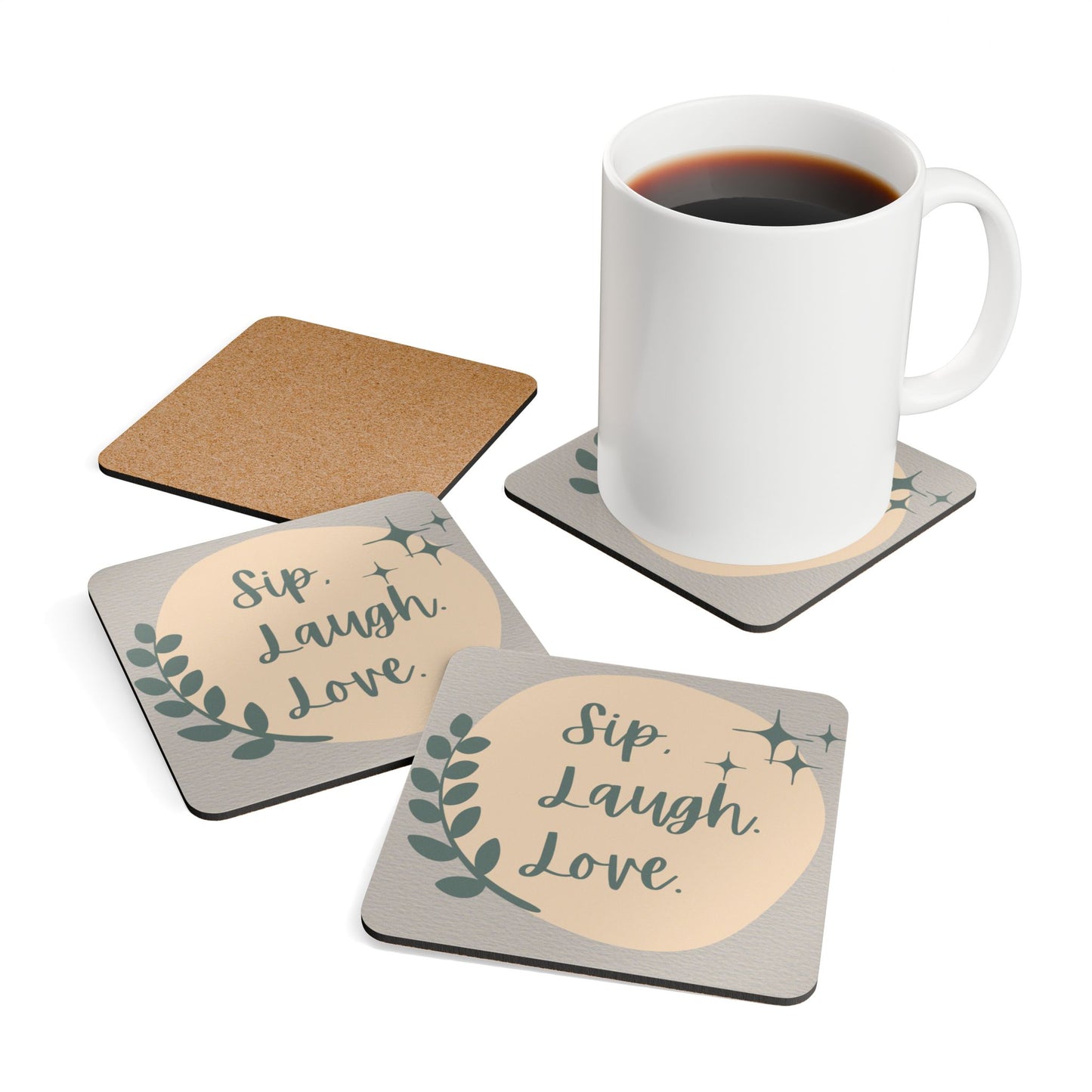 Sip Laugh Love Corkwood Coaster Set – Stylish Rustic Home Décor & Gift for Friends