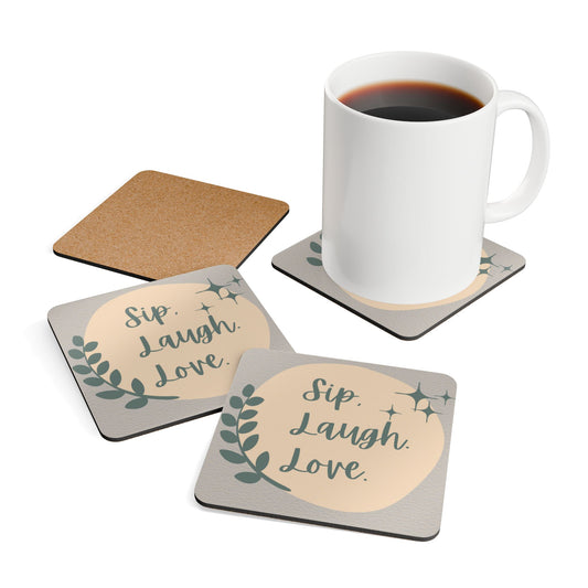 Sip Laugh Love Corkwood Coaster Set – Stylish Rustic Home Décor & Gift for Friends