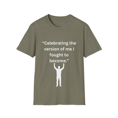 "Celebrating The Version of Me" — Empowered Man Unisex Softstyle Tee (White Print)