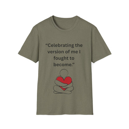"Celebrating The Version of Me" — Self-Love Heart Unisex Softstyle Tee
