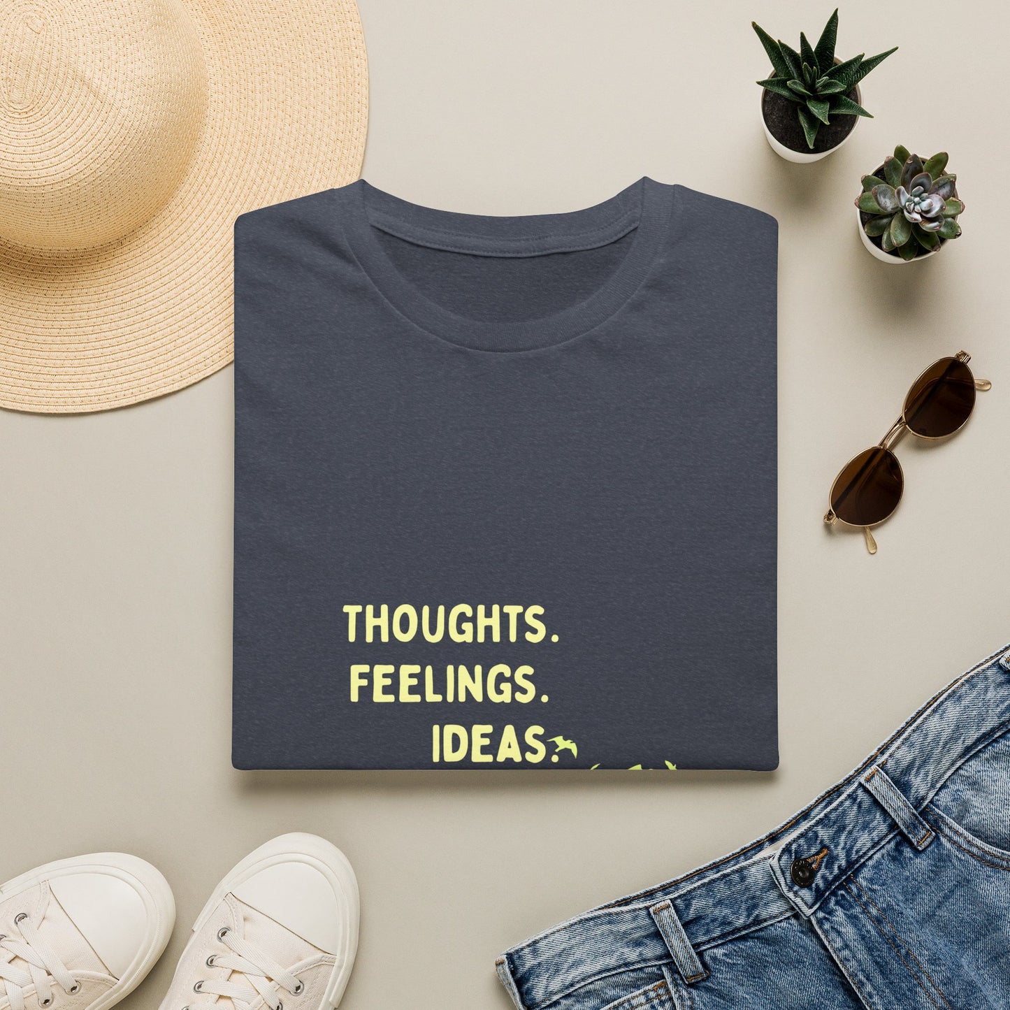 "Thoughts. Feelings. Ideas." — Unisex Softstyle T‑Shirt (Yellow Print)