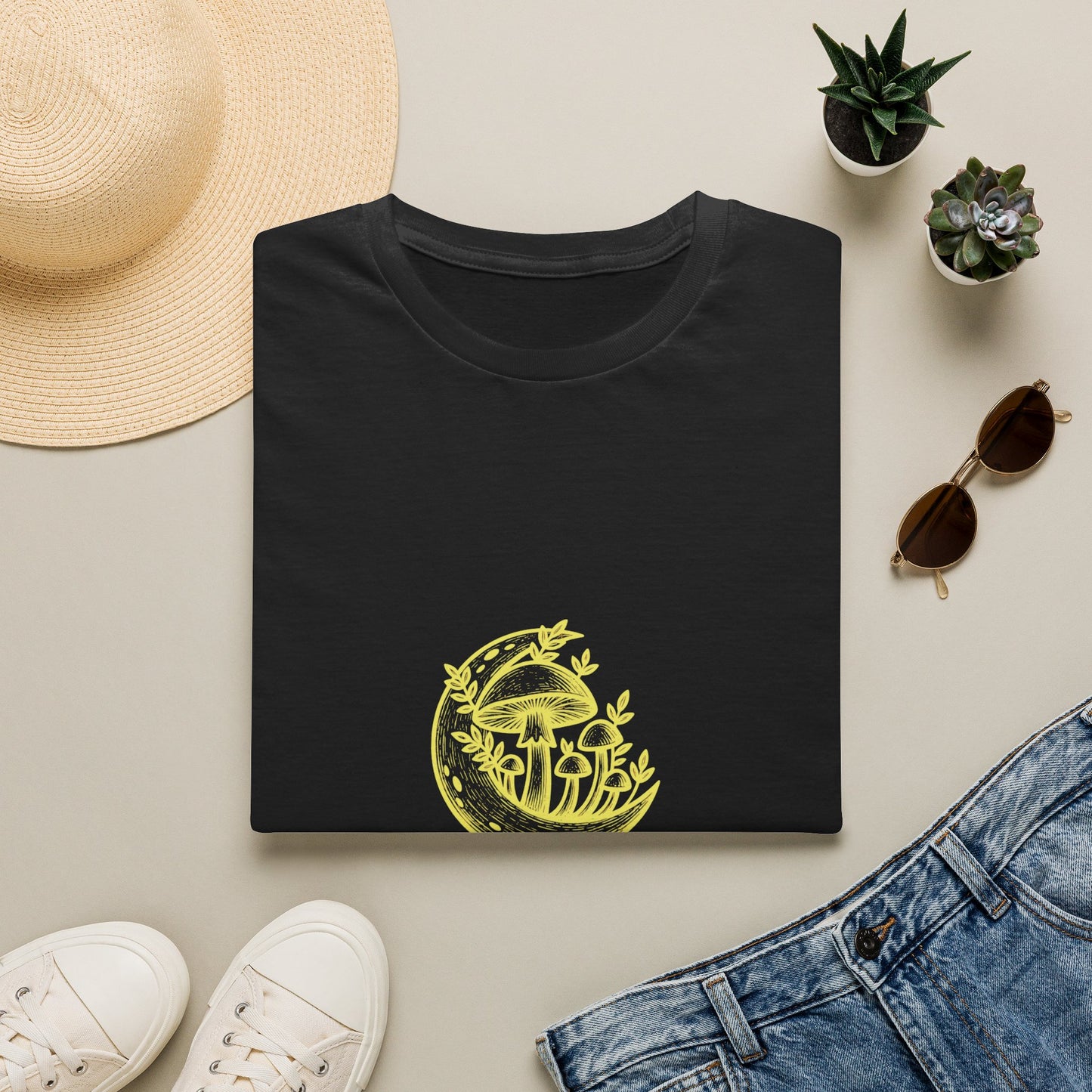 "Where the Moon Grows Wild Things" — Unisex Softstyle Tee (Yellow-White Print)