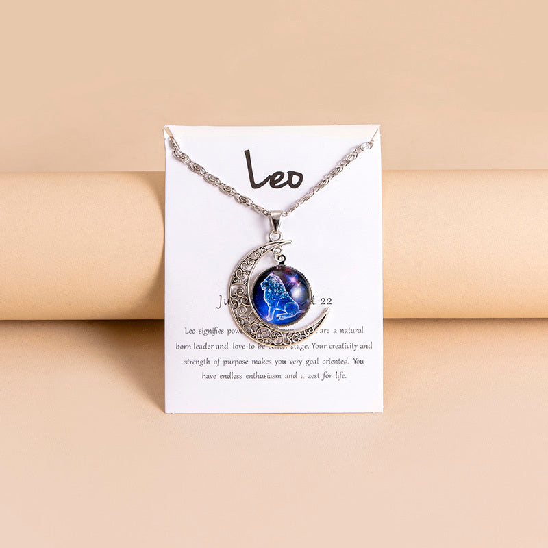 12 Zodiac Sign Moon Pendant Necklace with Glass Constellation Charm for Women and Girls