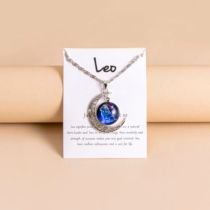 12 Zodiac Sign Moon Pendant Necklace with Glass Constellation Charm for Women and Girls