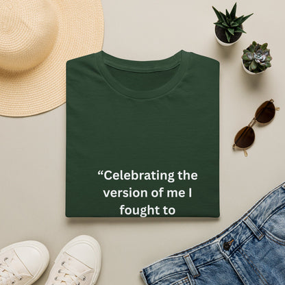 "Celebrating The Version of Me" — Empowered Woman Unisex Softstyle Tee (White Print)
