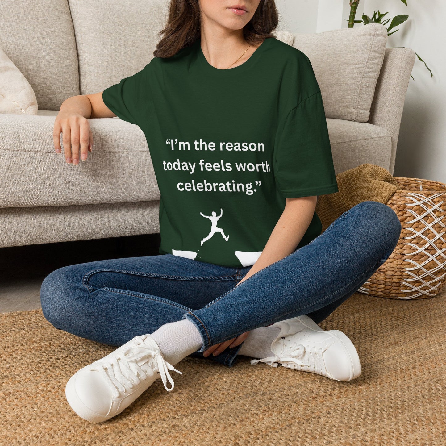 "I'm The Reason Today Feels Worth Celebrating" — Unisex Softstyle Tee (White Print)