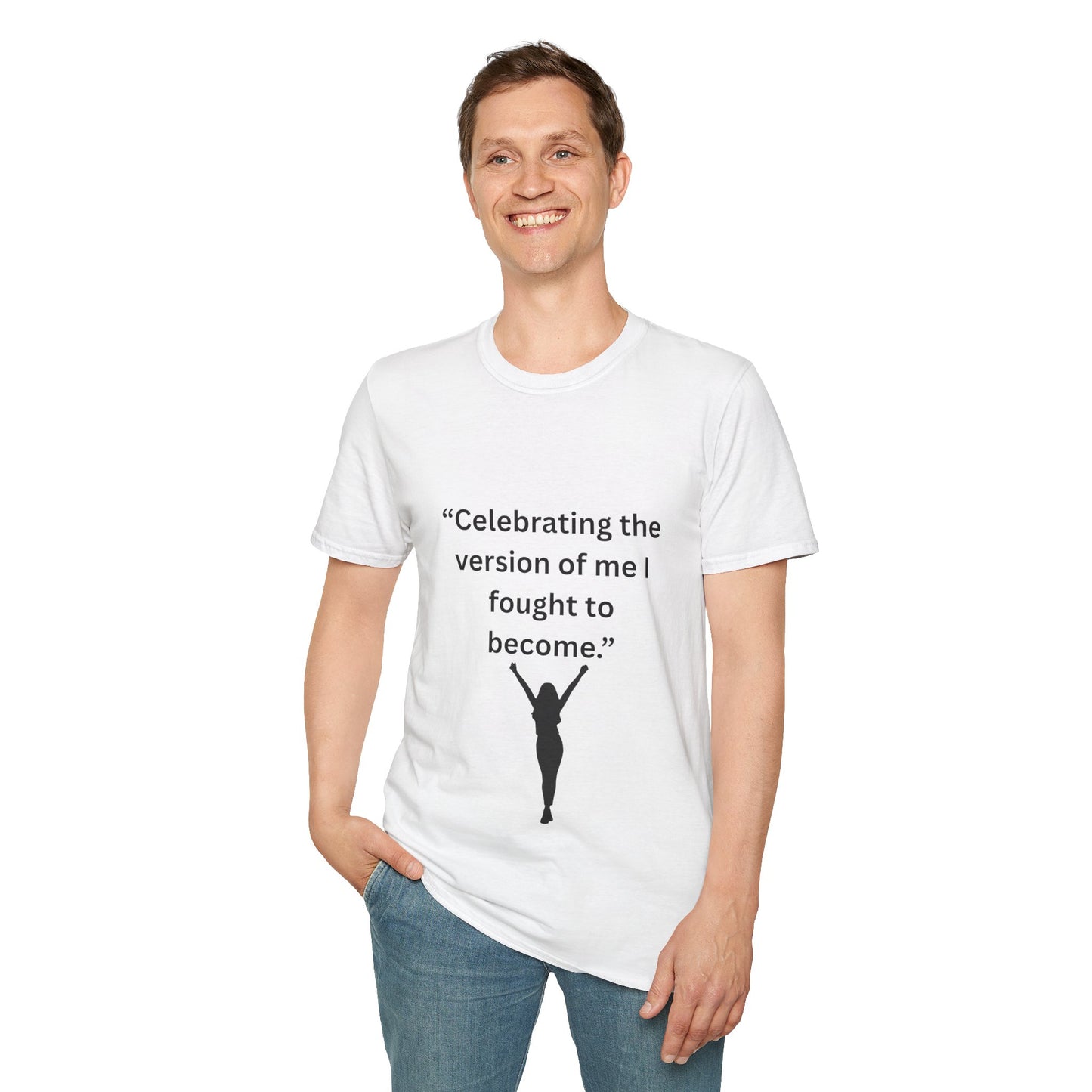 "Celebrating The Version of Me" — Empowered Woman Unisex Softstyle Tee (Black Print)