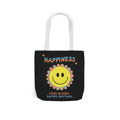 Happiness Smiley Flower Canvas Tote Bag Inspirational Slow Living Quote Bag