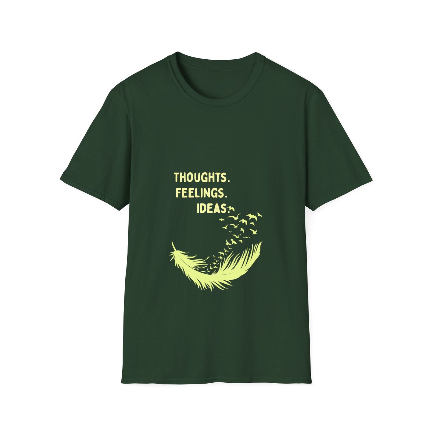 "Thoughts. Feelings. Ideas." — Unisex Softstyle T‑Shirt (Yellow Print)