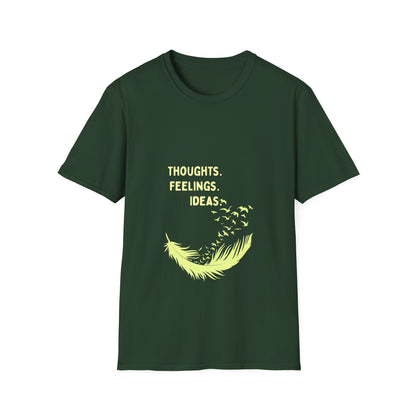 "Thoughts. Feelings. Ideas." — Unisex Softstyle T‑Shirt (Yellow Print)