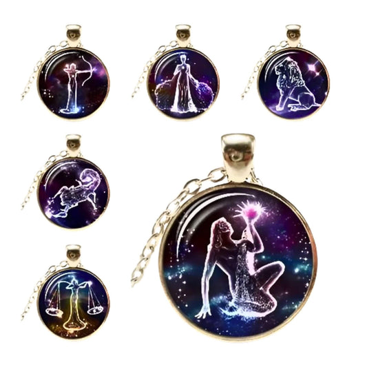 Zodiac Time Gemstone Glass Pendant Necklace