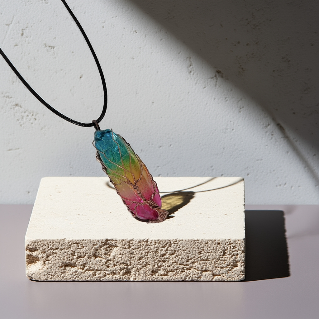 Tree of Life crystal pillar pendant with healing stone