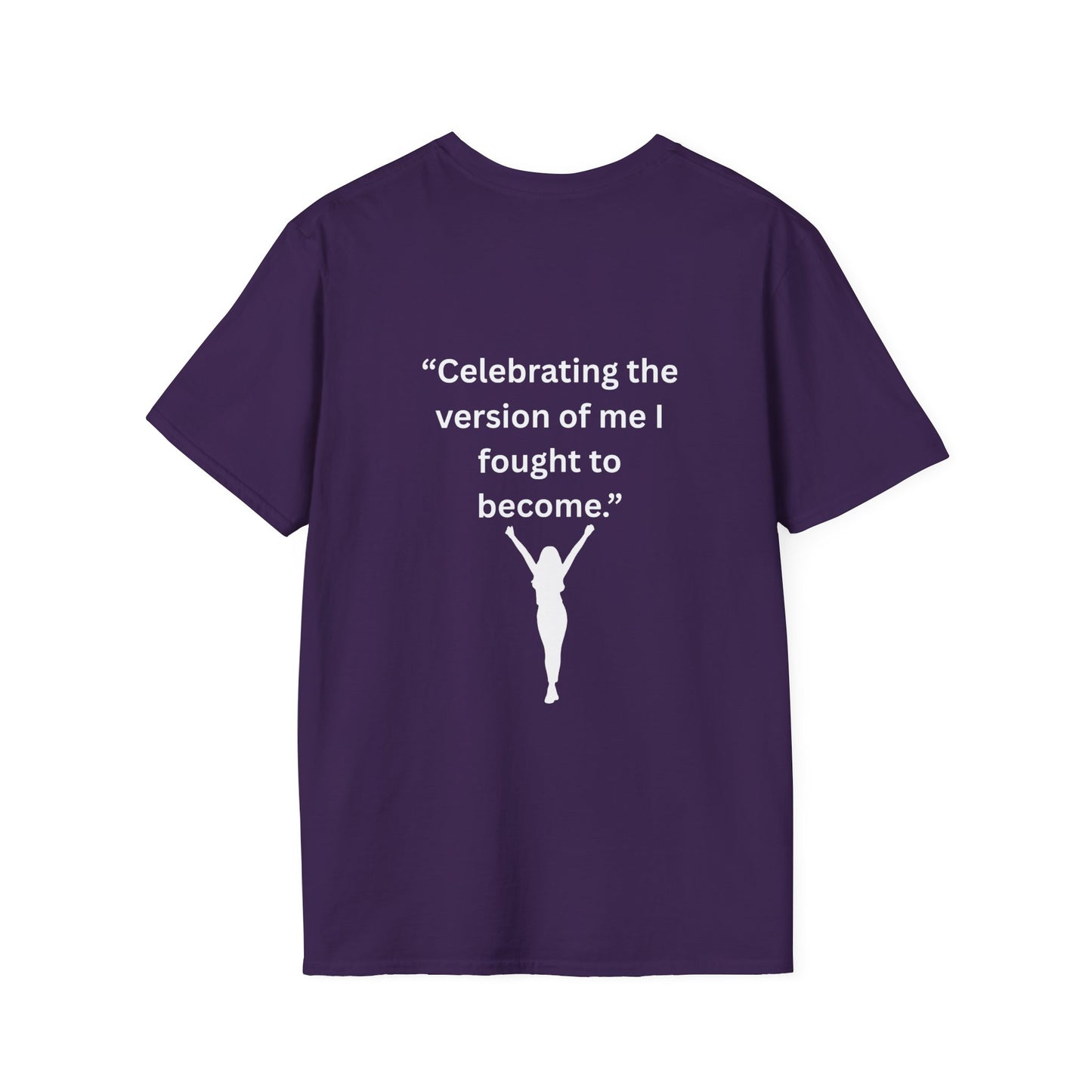 "Celebrating The Version of Me" — Empowered Woman Unisex Softstyle Tee (White Print)