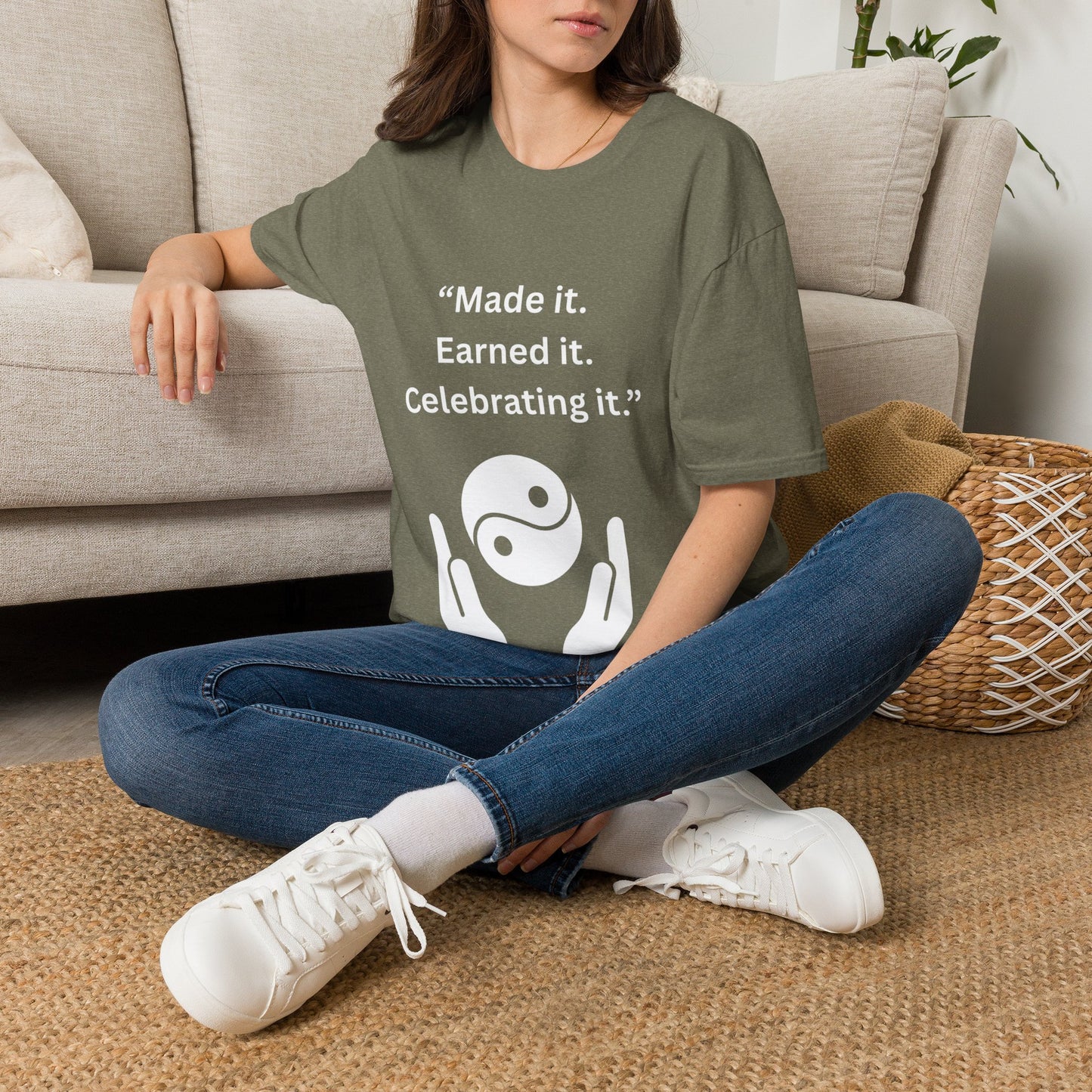 "Made It. Earned It. Celebrating It." — Inspirational Unisex Tee (White Print)